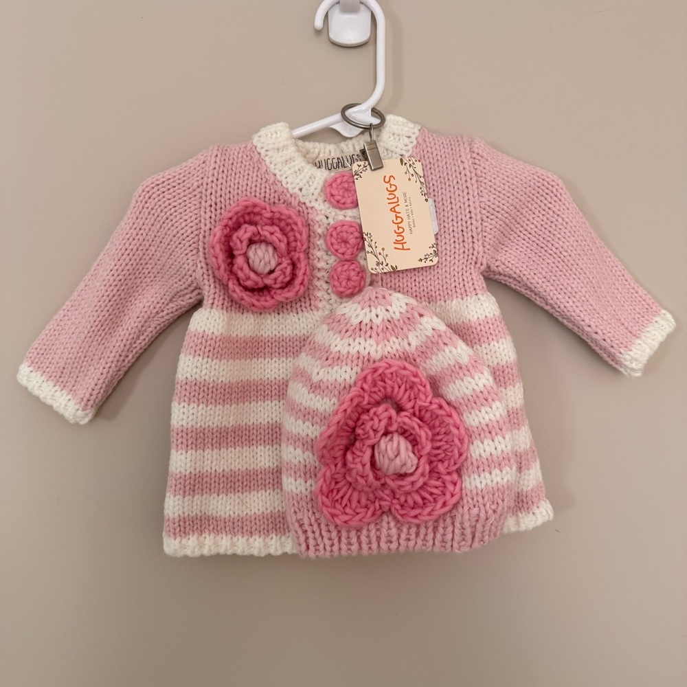 Huggalugs Pink & White Striped Knit Baby Dress & Hat Flower 0-6 months NEW w tag